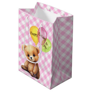 Sacola Para Presentes Média Urso de Aniversário com Balões de Festas