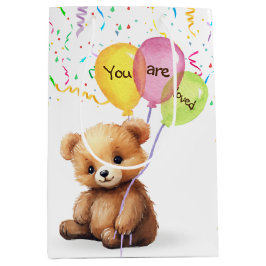 Sacola Para Presentes Média Urso de Aniversário com Balões e Confetti