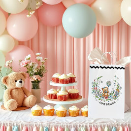 Sacola Para Presentes Média urso de aniversário floral boho