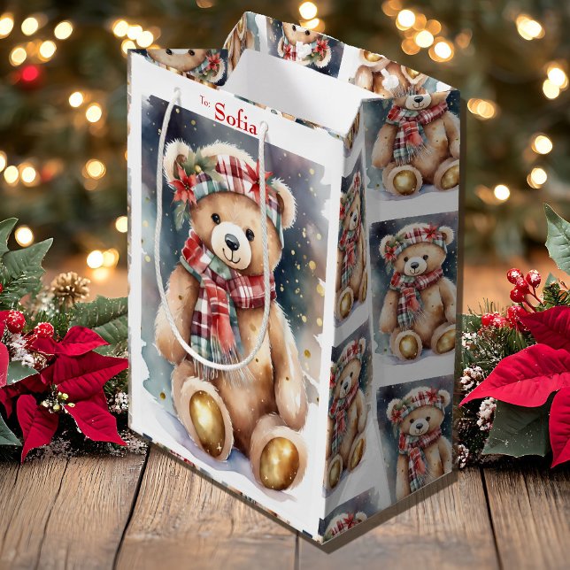 Sacola Para Presentes Média Urso de Natal com Nome (Criador carregado)