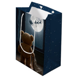 Sacola Para Presentes Média Urso de Natal Observando Papai Noel
