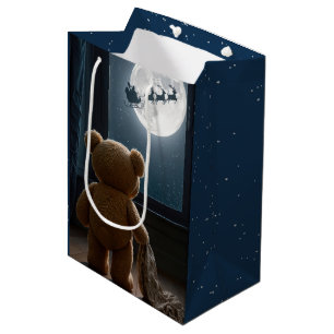 Sacola Para Presentes Média Urso de Natal Observando Papai Noel