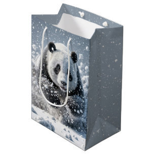 Sacola Para Presentes Média Urso De Panda De Aniversário Em Flocos De Neve