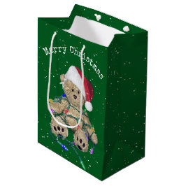 Sacola Para Presentes Média Urso De Pé De Natal Em Luzes Tangidas
