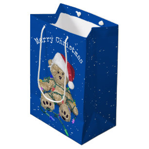 Sacola Para Presentes Média Urso De Pé De Natal Em Luzes Tangidas
