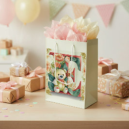 Sacola Para Presentes Média Urso de pelúcia floral letra E