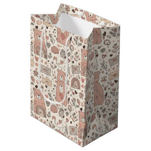 Sacola Para Presentes Média Urso de pelúcia neutro arco-íris em marrom e taupe