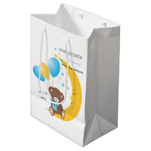 Sacola Para Presentes Média Urso de Teddy Sentado na Lua Chá Baby Boy