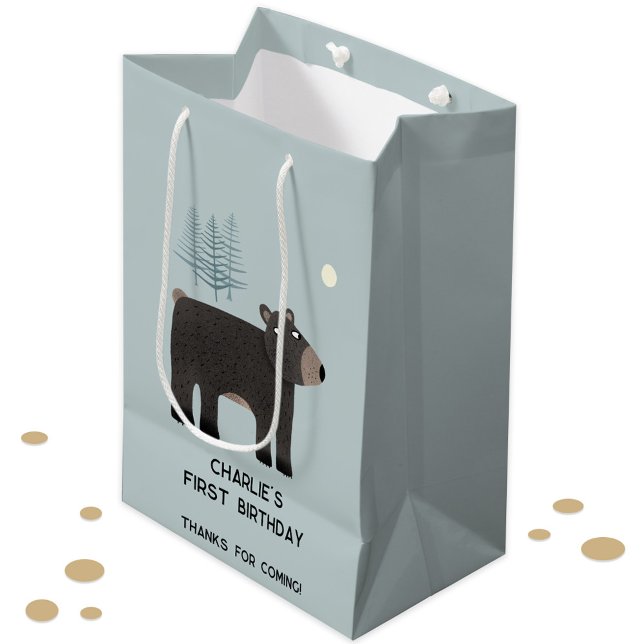 Sacola Para Presentes Média Urso Divertido Personalizado Aniversário da Idade (Cute bear woodland forest animal personalized kid child birthday age custom text gift bag)