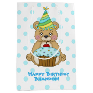 Sacola Para Presentes Média Urso do menino do aniversário personalizado