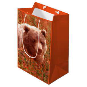 Sacola Para Presentes Média Urso Grizzly na Pintura de Arte Selvagem com Algas