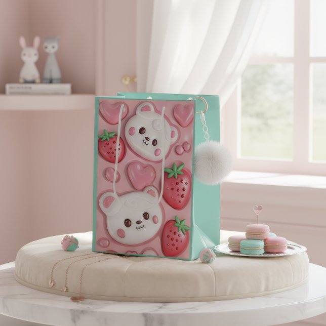 Sacola Para Presentes Média Urso Kawaii Fofo & Bolsa de Presente Rosa Morango (Criador carregado)