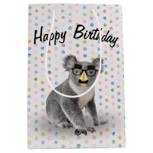 Sacola Para Presentes Média Urso Koala de Aniversário com Óculos Groucho