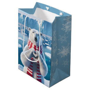 Sacola Para Presentes Média Urso Polar De Natal Com Peças Em Forma De Coração