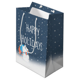 Sacola Para Presentes Média Urso Polar De Natal E Estrelas