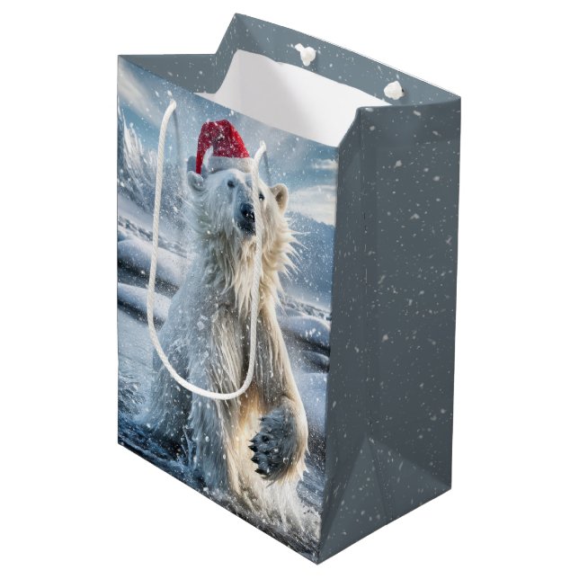 Sacola Para Presentes Média Urso Polar De Natal Em Flocos De Neve (Frente inclinada)