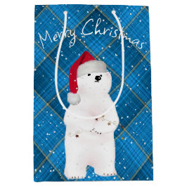 Sacola Para Presentes Média Urso Polar De Natal Na Xadrez Azul