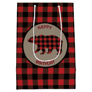 Sacola Para Presentes Média Urso Xadrez de Buffalo Vermelho
