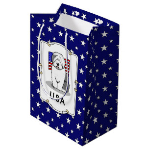 Sacola Para Presentes Média US American Flag Old English Sheepdog (Cinza 1)