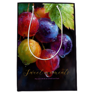 Sacola Para Presentes Média Uvas Vibrantes em Aquarela e Gotículas de Orvalho