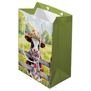 Sacola Para Presentes Média Vaca de Aniversário Usando um Chapéu de Estampa Fl