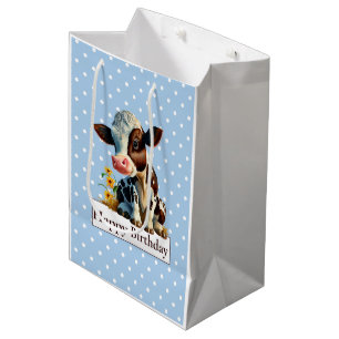 Sacola Para Presentes Média Vaca Feliz Aniversário Daisy Blue