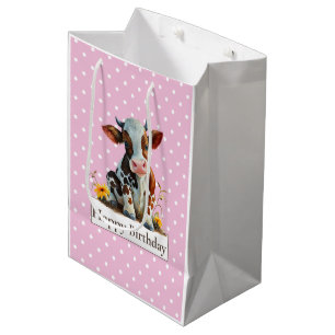 Sacola Para Presentes Média Vaca Feliz Aniversário Rosa Bonito