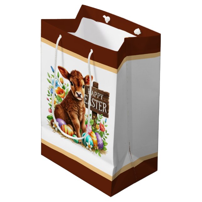 Sacola Para Presentes Média Vaca fofa de Páscoa feliz (Frente inclinada)