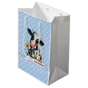 Sacola Para Presentes Média Vaca Leiteira Feliz Aniversário Azul