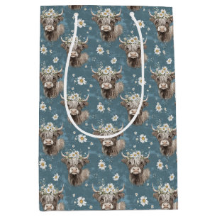 Sacola Para Presentes Média Vacas e flores das terras altas