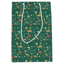 Sacola Para Presentes Média Veado bonito com árvores de Natal e flocos de neve