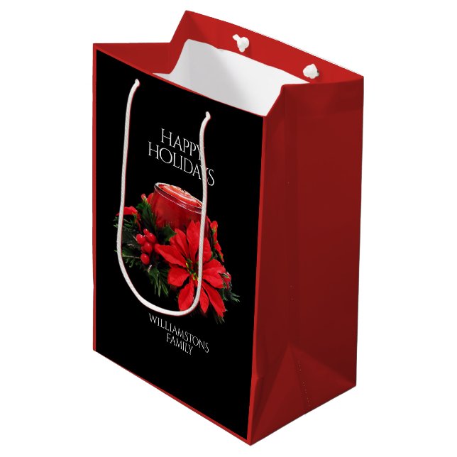Sacola Para Presentes Média Vela Holly Poinsettias de Natal Vermelho Festivo (Frente inclinada)