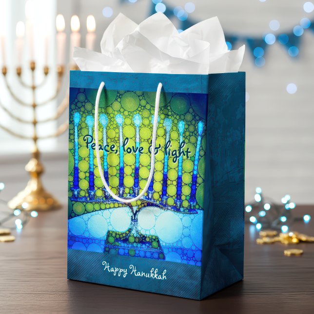 Sacola Para Presentes Média Verde Azul Chanucá Menorah Paz Luz (Criador carregado)