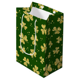 SACOLA PARA PRESENTES MÉDIA VERDE COM DOURADO GLITTER OLHA OS SHAMROCKS
