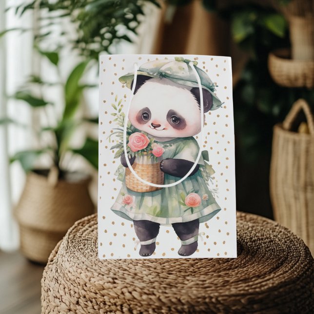 Sacola Para Presentes Média Verde Floral Panda Baby Burp Cloth (Green Floral Panda Gift Bag)