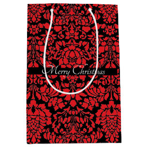 Sacola Para Presentes Média Vermelho Escuro Brocade Natal com Banda de Texto