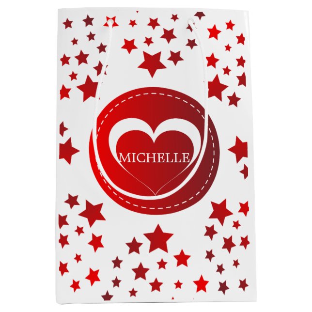 Sacola Para Presentes Média Vermelho Monograma Estrelas Um Coração (Frente)