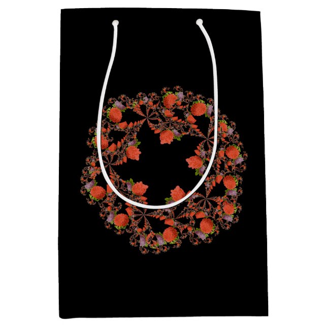 Sacola Para Presentes Média Vermelho preto fractal, estrela da flor (Frente)