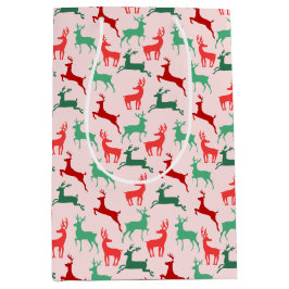 Sacola Para Presentes Média Vermelho Verde Reindeer Padrão Rosa