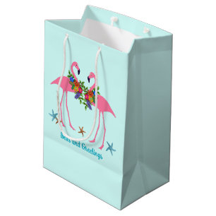 Sacola Para Presentes Média Vias e Saudações Flamingos Rosa Natal