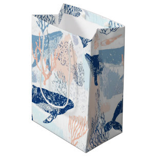 Sacola Para Presentes Média Vida Marinha de Baleia Costeira Coral Azul Pêssego