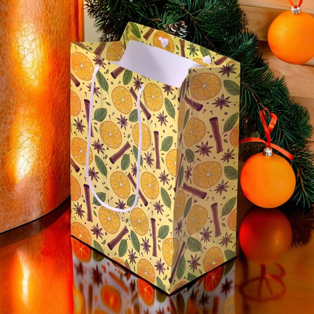 Sacola Para Presentes Média Vinho malhado de Natal amarelo picante (Christmas mulled wine spicy yellow medium gift bag)