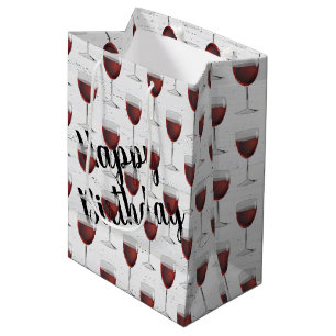 Sacola Para Presentes Média Vinho Vermelho De Aniversário Na Madeira De Corte