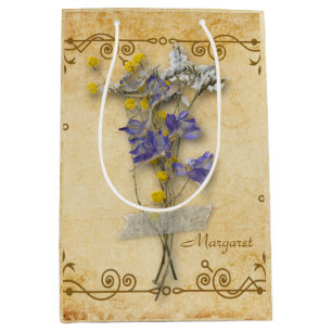 Sacola Para Presentes Média Vintage Belo Beige Flowers Secos com Nome