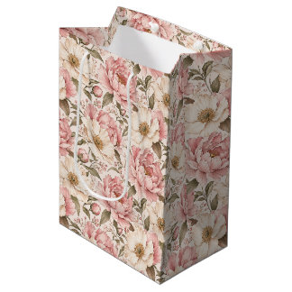 Sacola Para Presentes Média Vintage Blooming Peonies Pattern