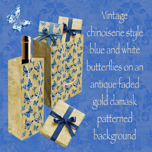 Sacola Para Presentes Média Vintage Blue Chinoiserie Borboletas Damask