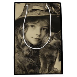 Sacola Para Presentes Média Vintage Bruxa com Gato Negro