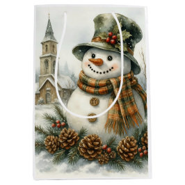 Sacola Para Presentes Média Vintage Christmas Snowman