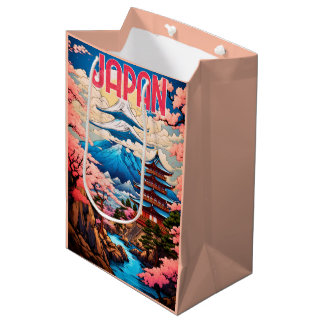 Sacola Para Presentes Média Vintage Japão Pagoda e Cerejeira Flores Árvores