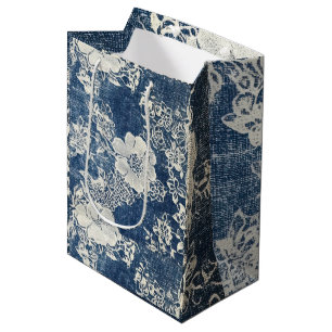 Sacola Para Presentes Média Vintage Lace e Denim Texture